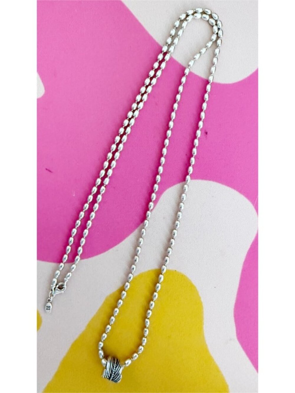 PANDORA Beaded Chain Necklace w/ Feather Charm RETIRED Sterling